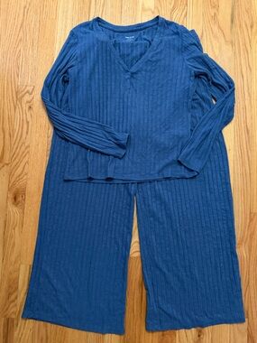 State of Day Intimates Blue Ribbed Pajama Set - Soft Long Sleeve Top & Pants